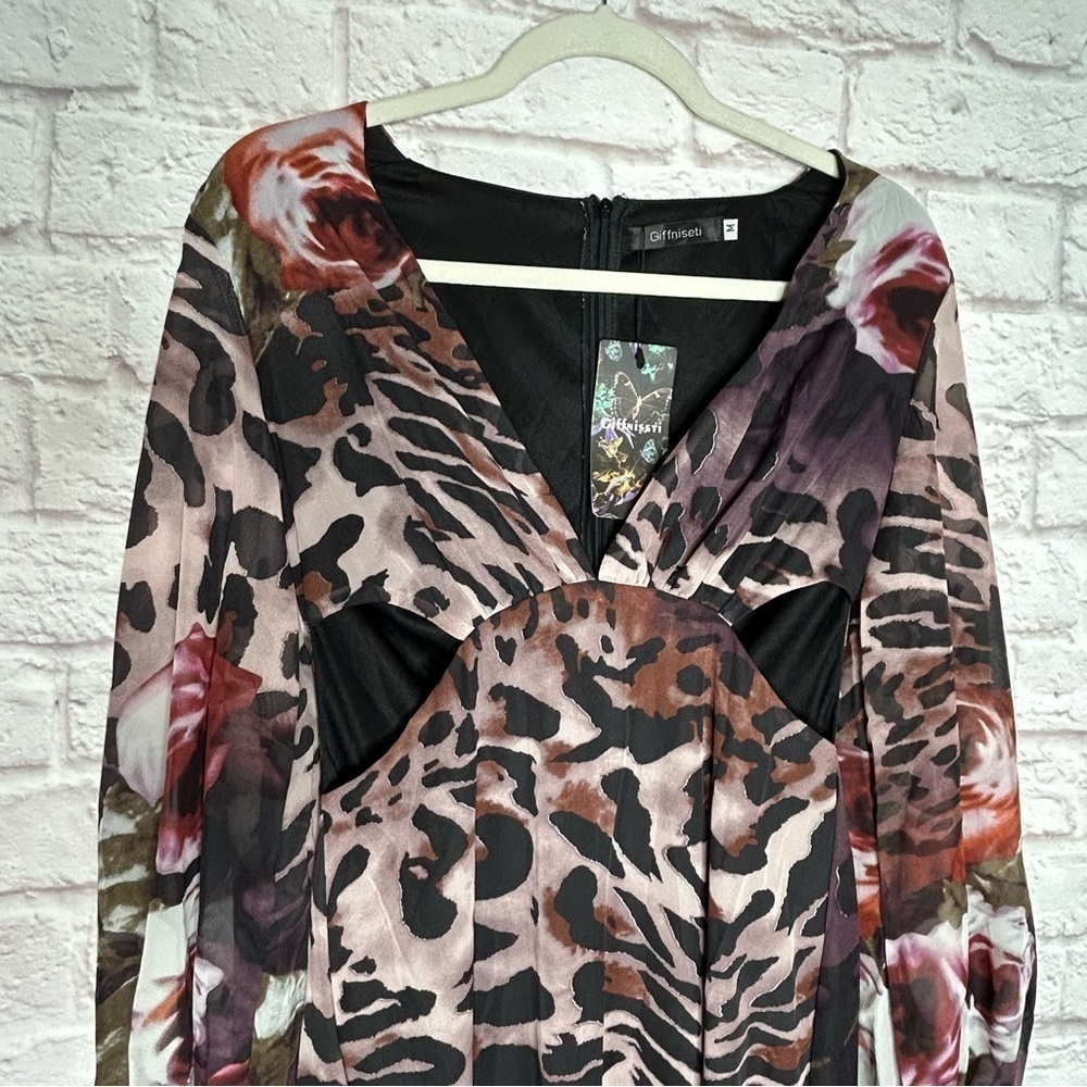 Giffniseti Leopard Floral Print Long Sleeve Ruffle Hem Maxi Dress NWT - Picture 7 of 16